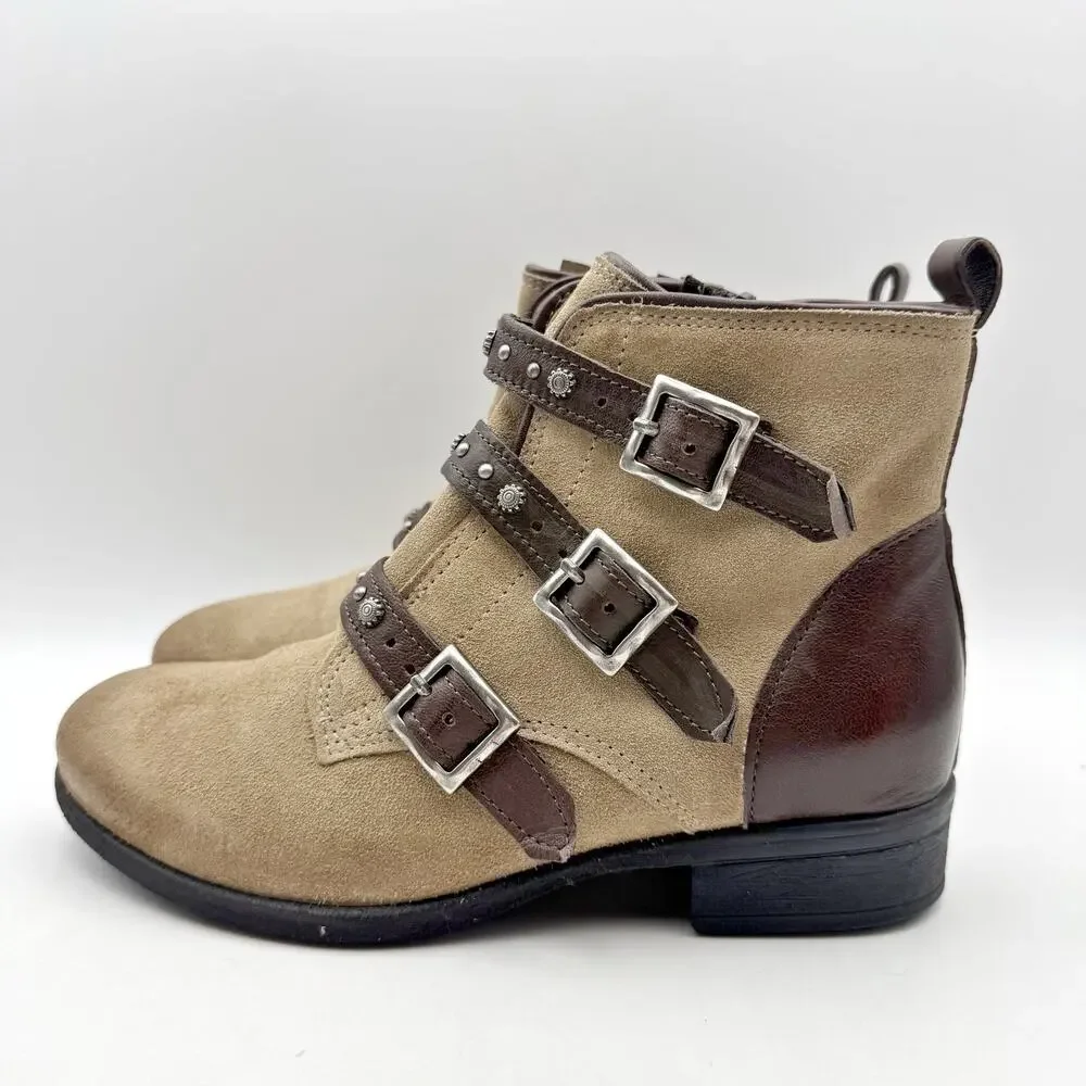 Miz Mooz Womens Sherri Ankle Boots EU 36 Size 6 Pebble Tan Suede Buckle EUC